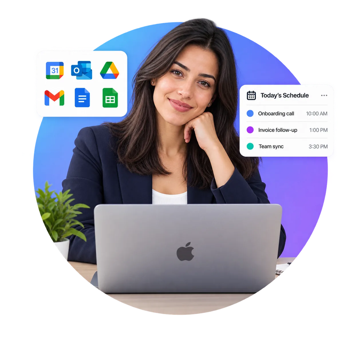 Admin virtual assistant smiling at a MacBook, with an app card showing Google Calendar, Outlook, Google Drive, Gmail, Google Docs and Google Sheets, and a Today's Schedule card listing an onboarding call at 10:00 AM, an invoice follow-up at 1:00 PM and a team sync at 3:30 PM.