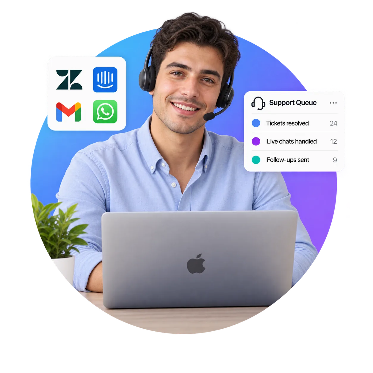 Customer service virtual assistant wearing a headset at a MacBook, with an app card showing Zendesk, Intercom, Gmail and WhatsApp, and a Support Queue card showing 24 tickets resolved, 12 live chats handled and 9 follow-ups sent.