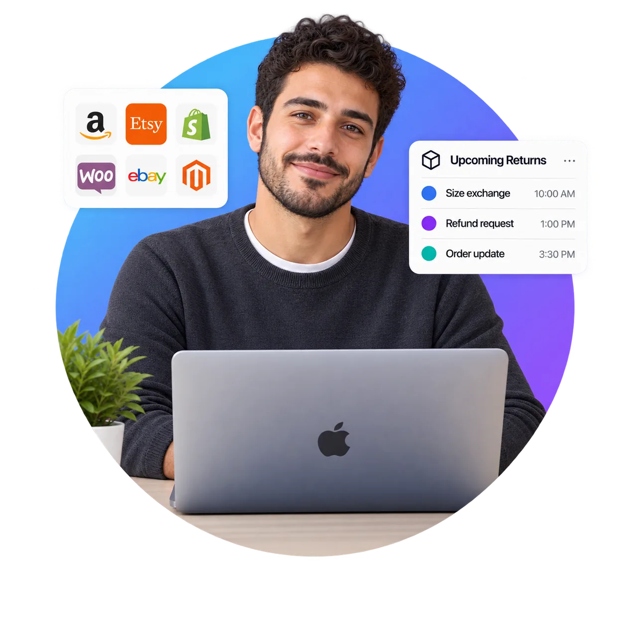 E-commerce virtual assistant at a MacBook, with an app card showing Amazon, Etsy, Shopify, WooCommerce, eBay and Magento, and an Upcoming Returns card listing a size exchange at 10:00 AM, a refund request at 1:00 PM and an order update at 3:30 PM.