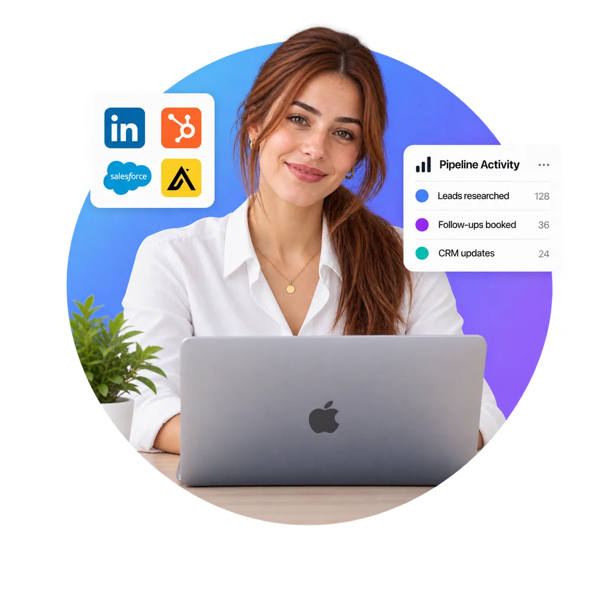 Lead generation virtual assistant at a MacBook, with an app card showing LinkedIn, HubSpot, Salesforce and Apollo, and a Pipeline Activity card showing 128 leads researched, 36 follow-ups booked and 24 CRM updates.
