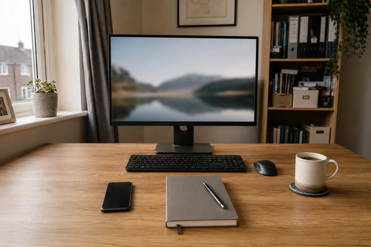 The same desk cleared by an Ant Assist virtual assistant: tidy workspace, organised inbox on screen, one notebook and a fresh coffee.