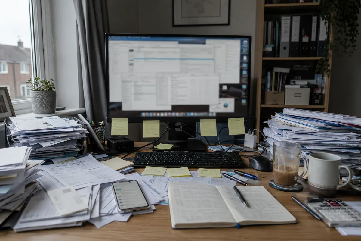 A UK business owner's desk on a Monday morning buried in paperwork: unopened post, sticky-note reminders, tangled cables and a phone lit with missed calls.