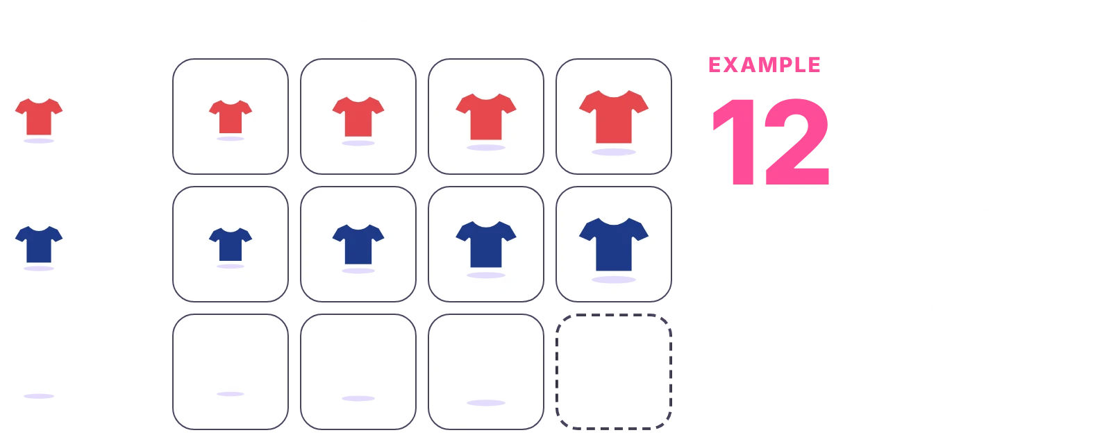 Example grid of four sizes by three colours making twelve variations, each with its own price and quantity