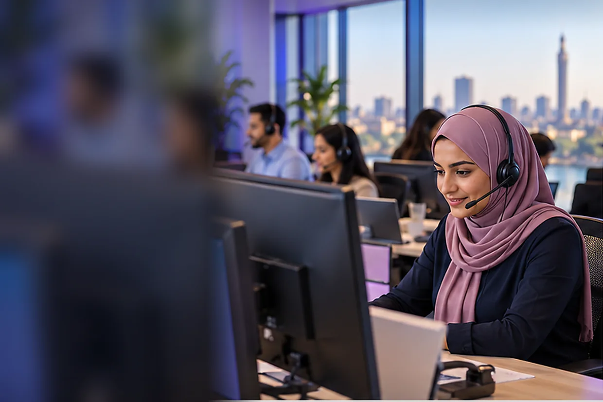 Outsourced customer service team handling calls in the Cairo office