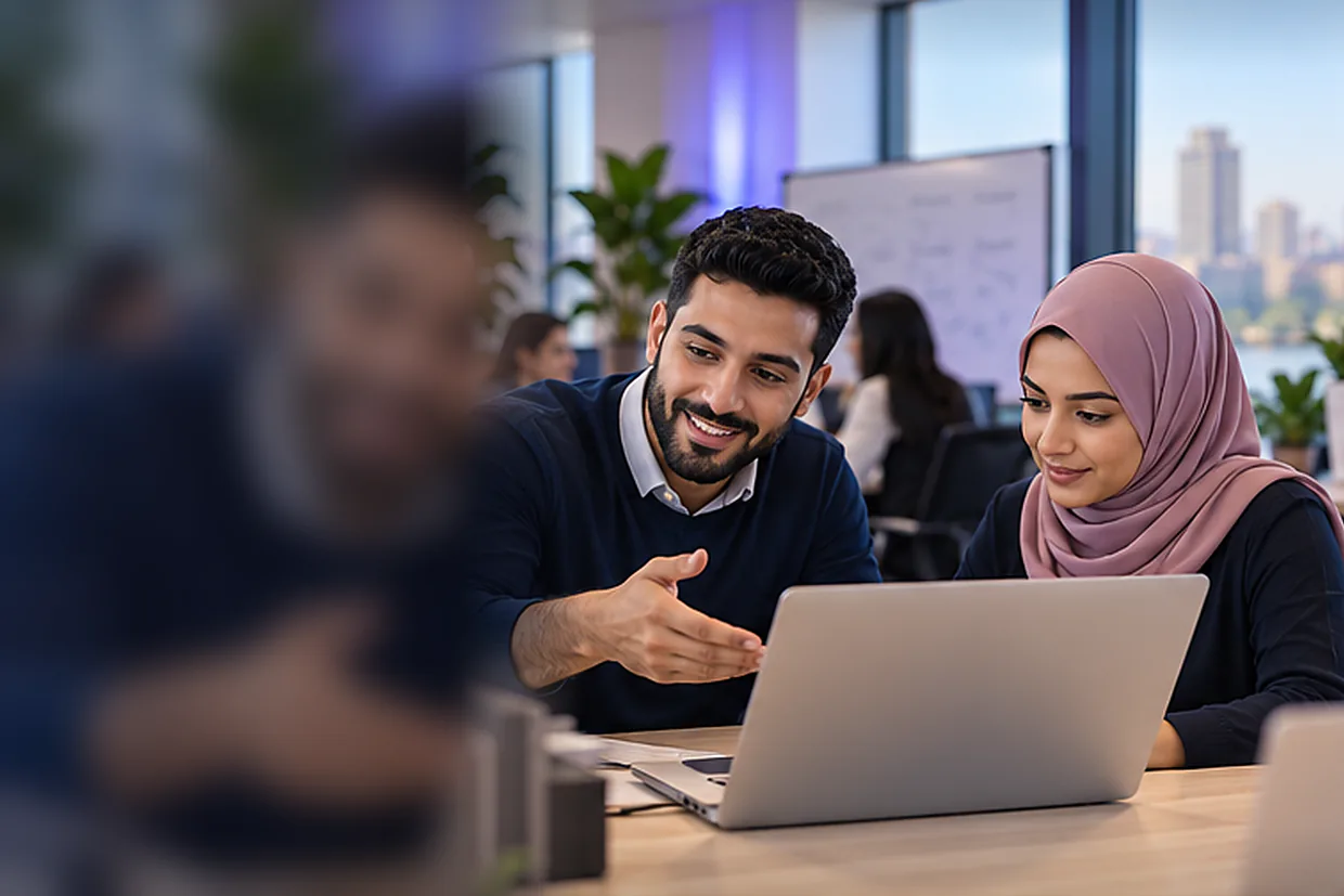 Two virtual assistants answering common questions together at a shared desk