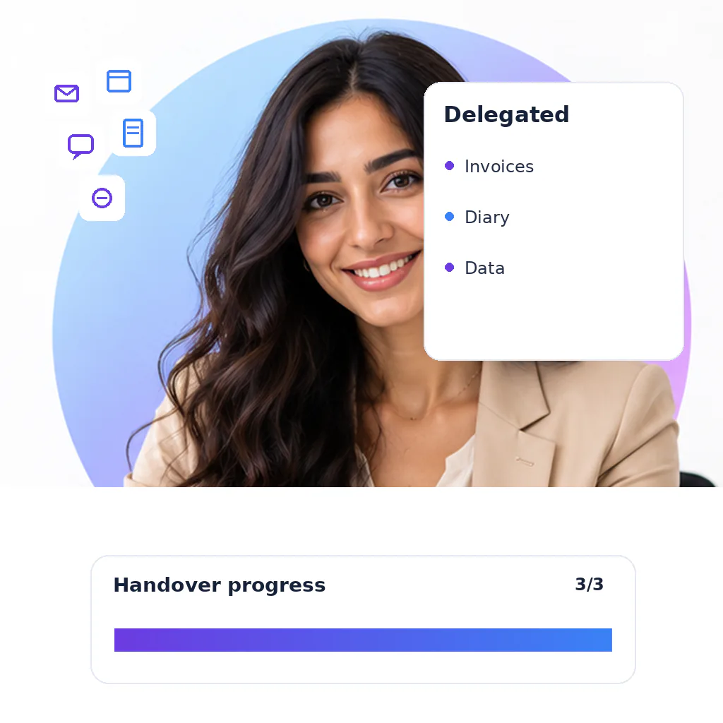 Admin virtual assistant with a handover progress card: invoices, diary, data