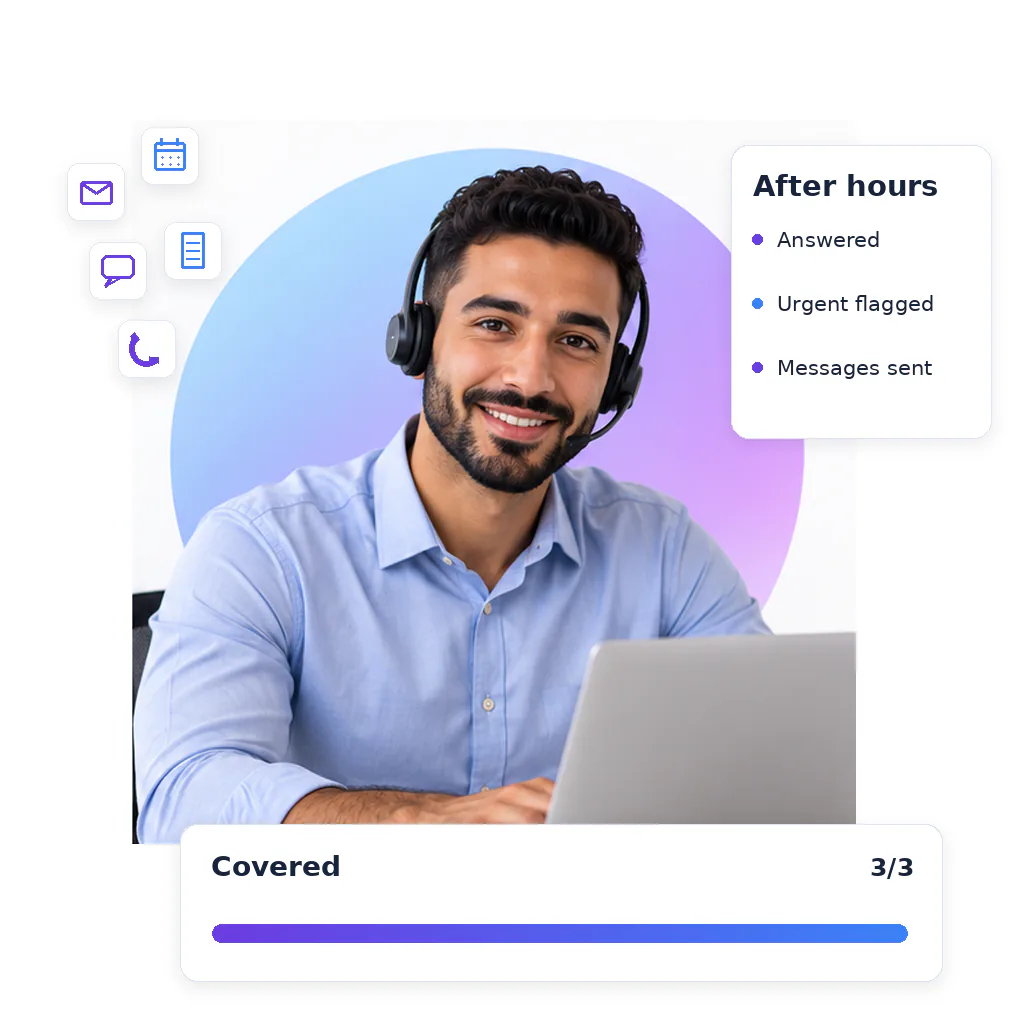 Customer service virtual assistant, a smiling bearded man in a headset and light blue shirt, at a laptop