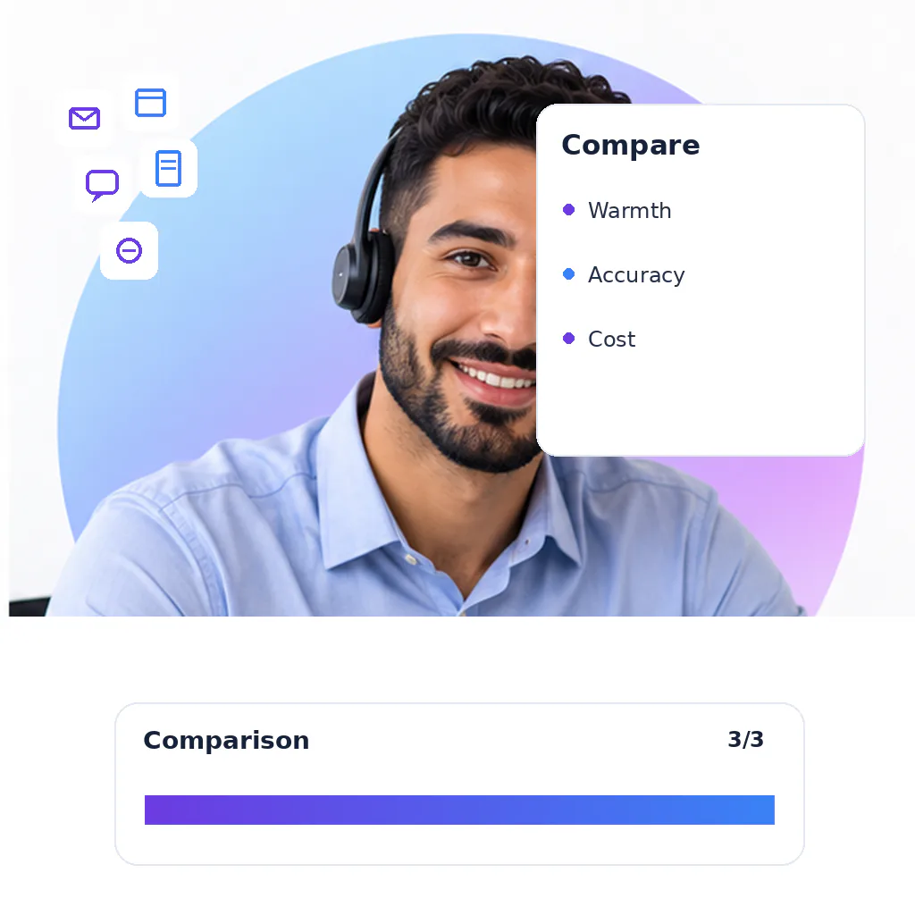 Customer service virtual assistant with a comparison card: warmth, accuracy, cost