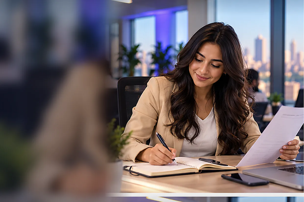 Human virtual receptionist on a call next to an AI smart speaker