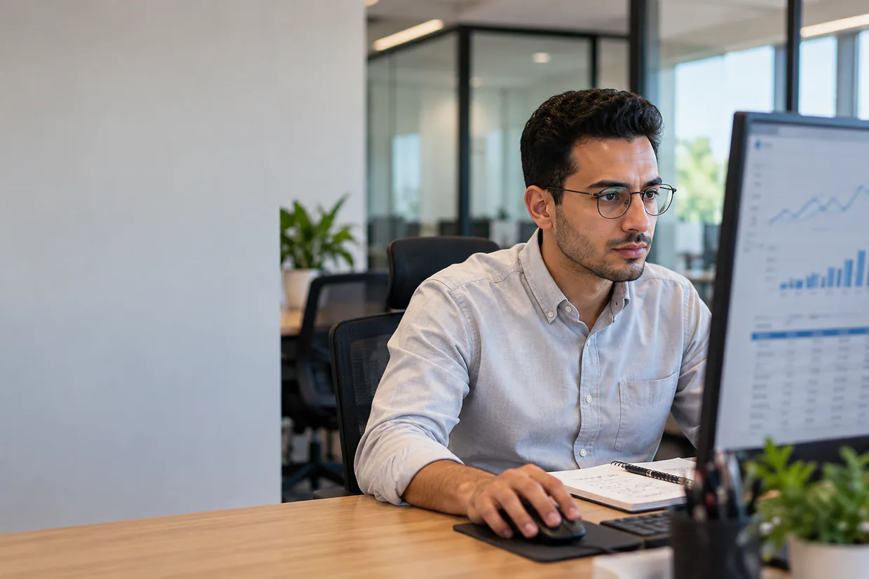 Ecommerce assistant reviewing an ad performance chart and keyword table on a desk monitor