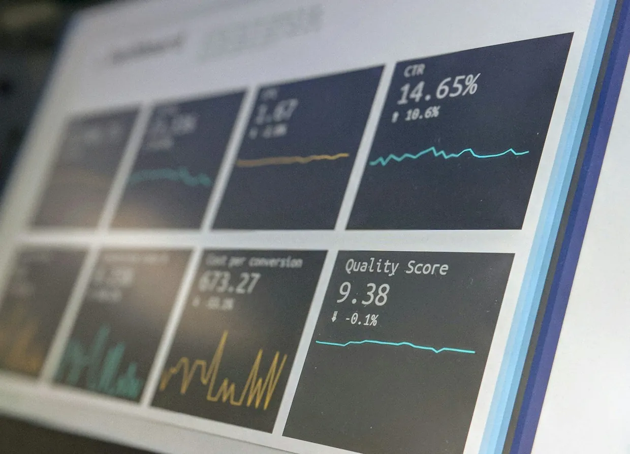 Ad campaign dashboard showing click-through rate, cost per conversion and quality score