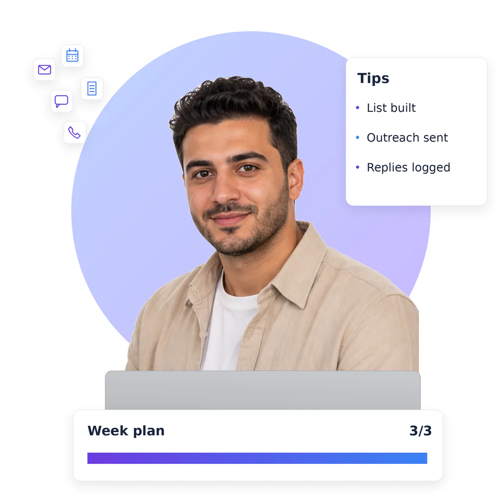 Lead generation virtual assistant, a smiling bearded man with short dark hair, beige overshirt and white tee, at a laptop