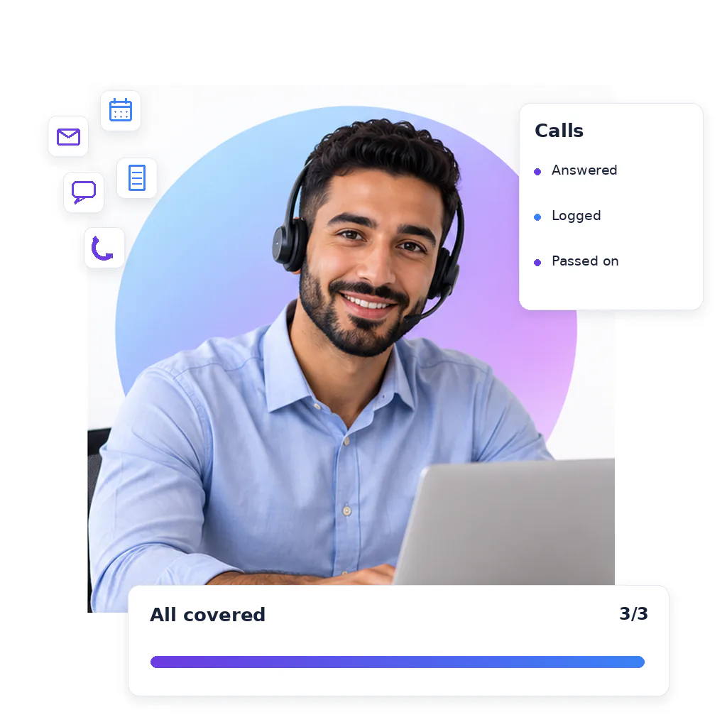 Customer service virtual assistant, a smiling bearded man in a headset and light blue shirt, at a laptop