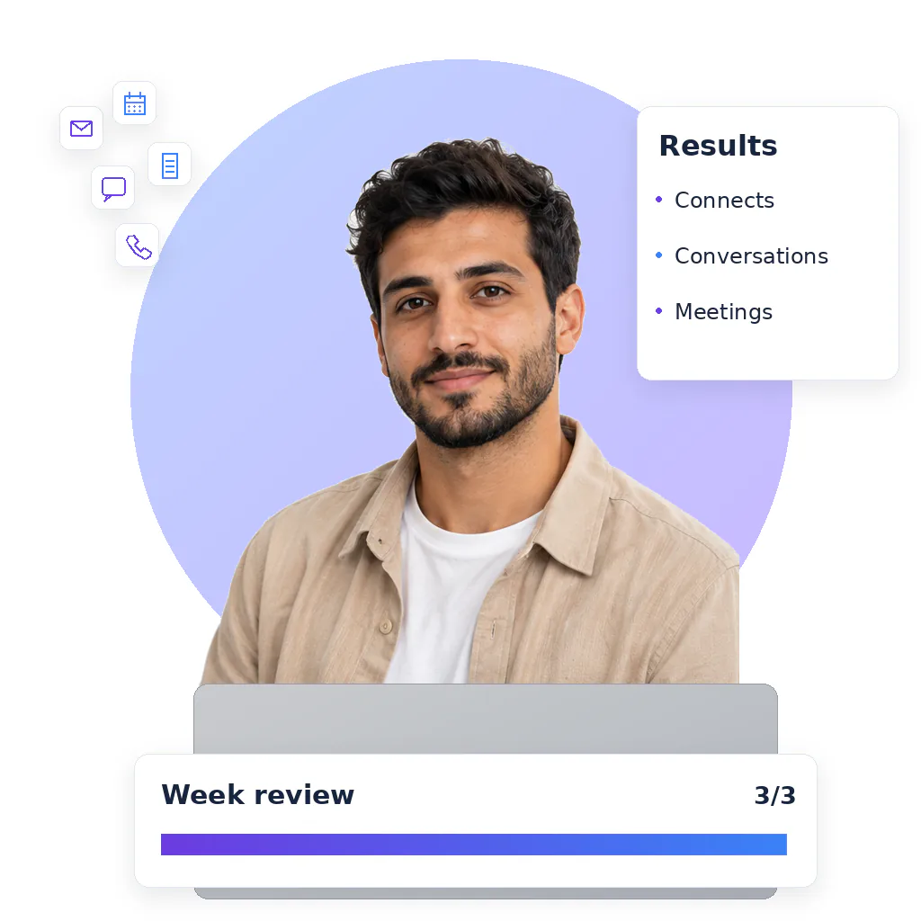 Lead generation virtual assistant, a smiling bearded man with short dark hair, beige overshirt and white tee, at a laptop
