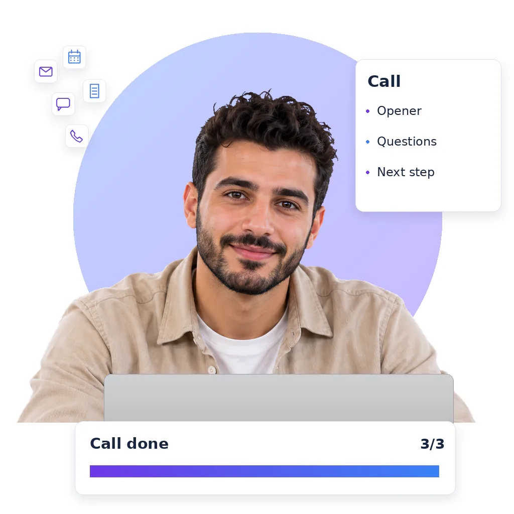 Lead generation virtual assistant, a smiling bearded man with short dark hair, beige overshirt and white tee, at a laptop