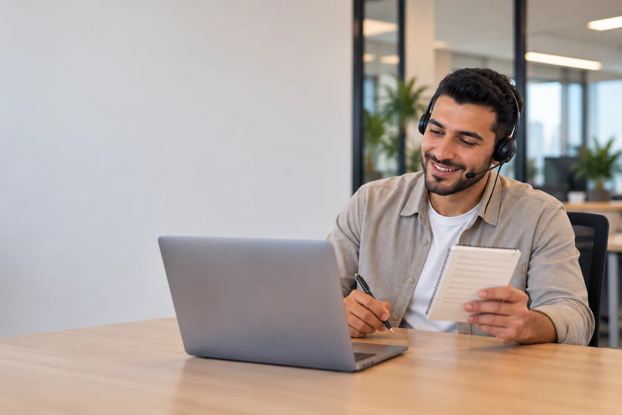 Cold caller using a short script outline during a sales call