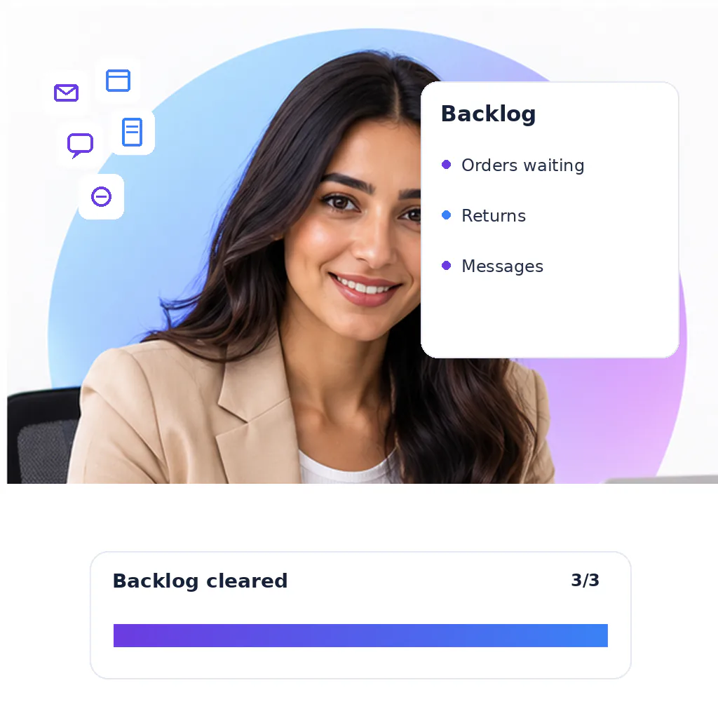 E-commerce virtual assistant with a backlog cleared card: orders waiting, returns, messages