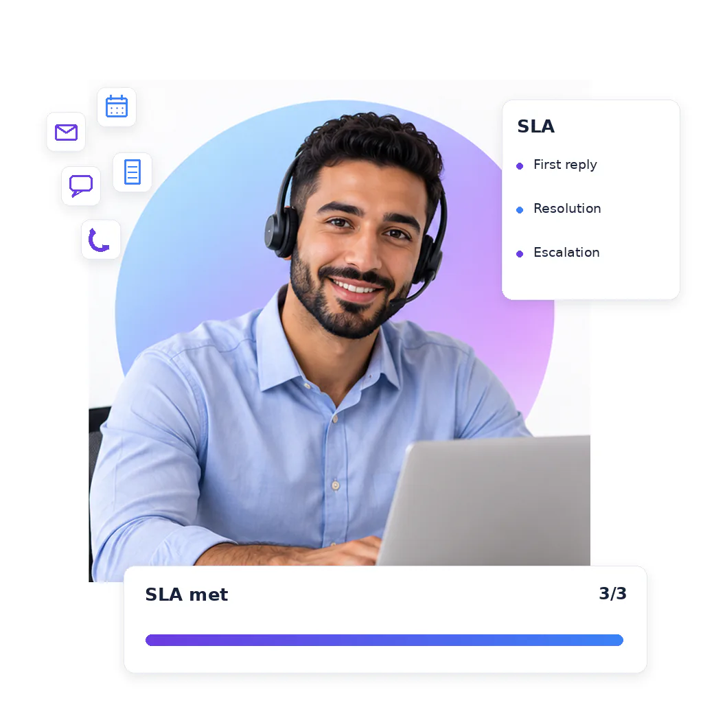 Customer service virtual assistant, a smiling bearded man in a headset and light blue shirt, at a laptop