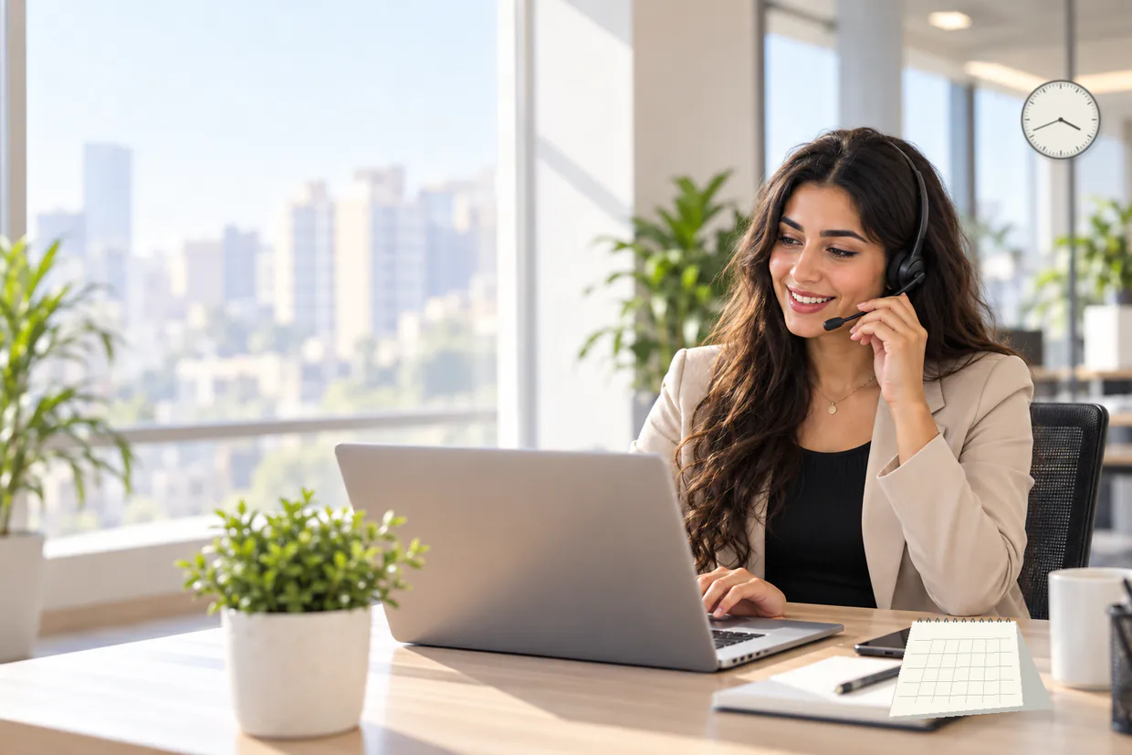 Support assistant in a headset answering an inbox with a wall clock and a desk calendar in view