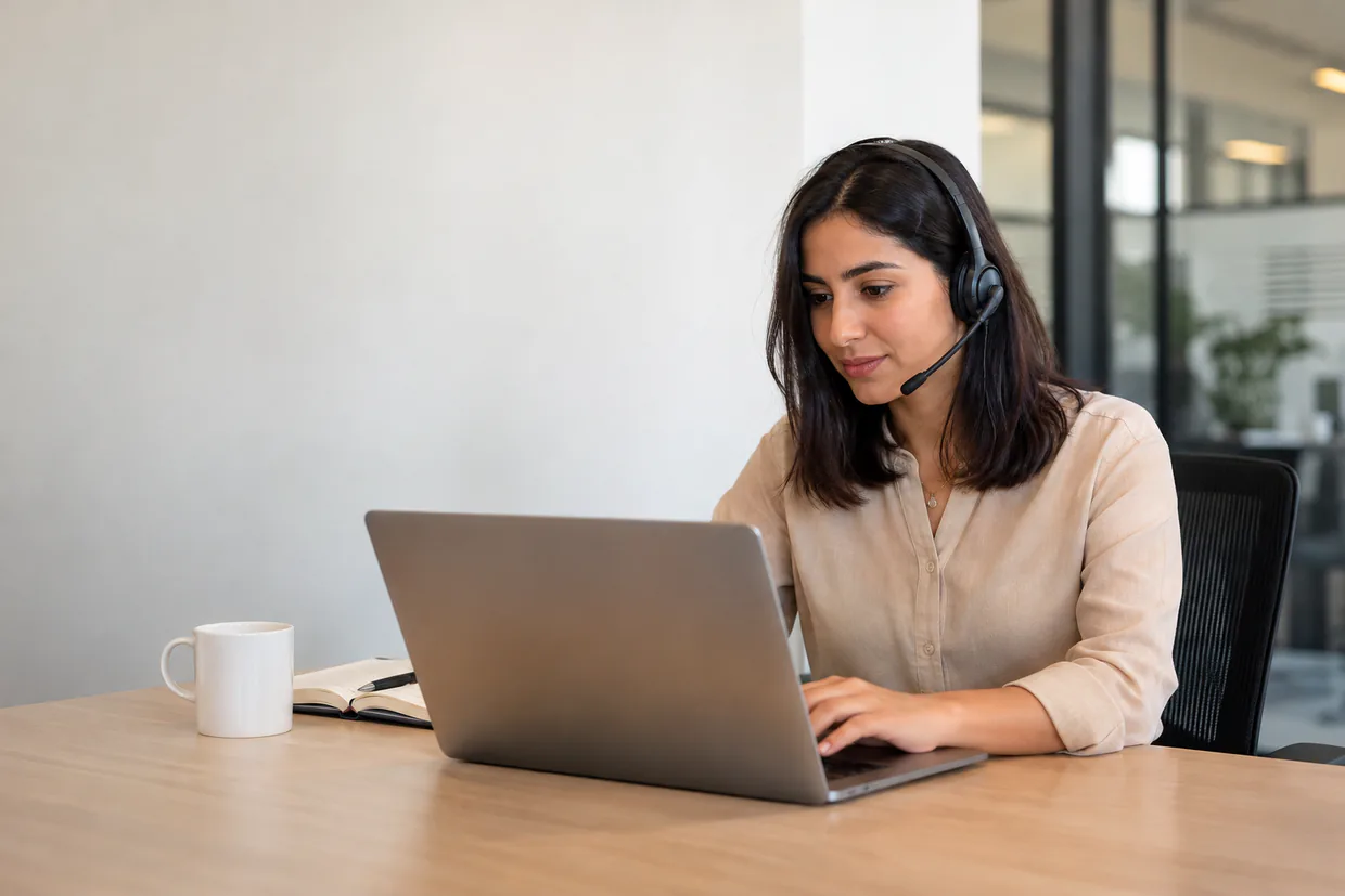 Support assistant in a headset checking a simple dashboard of support numbers at the start of the day