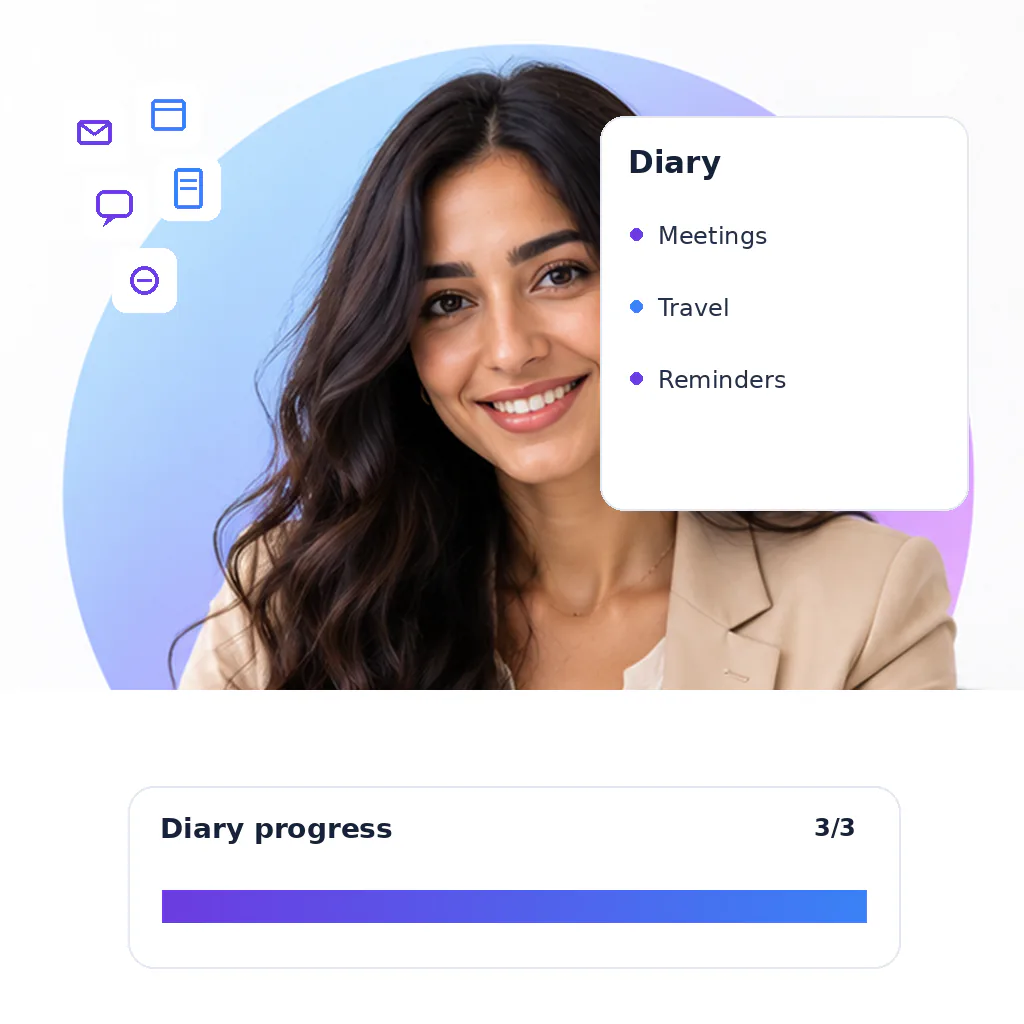 Admin virtual assistant with a diary progress card: meetings, travel, reminders