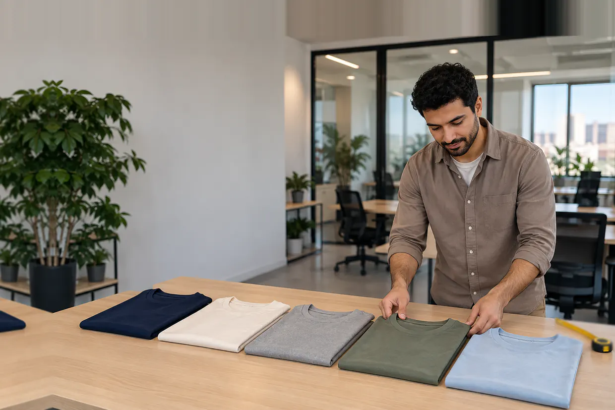 Ecommerce assistant laying out one T-shirt in five colours, ready to list as variations