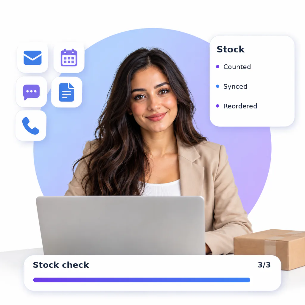 E-commerce virtual assistant, a smiling woman with long wavy dark hair in a beige blazer over a white top, at a laptop