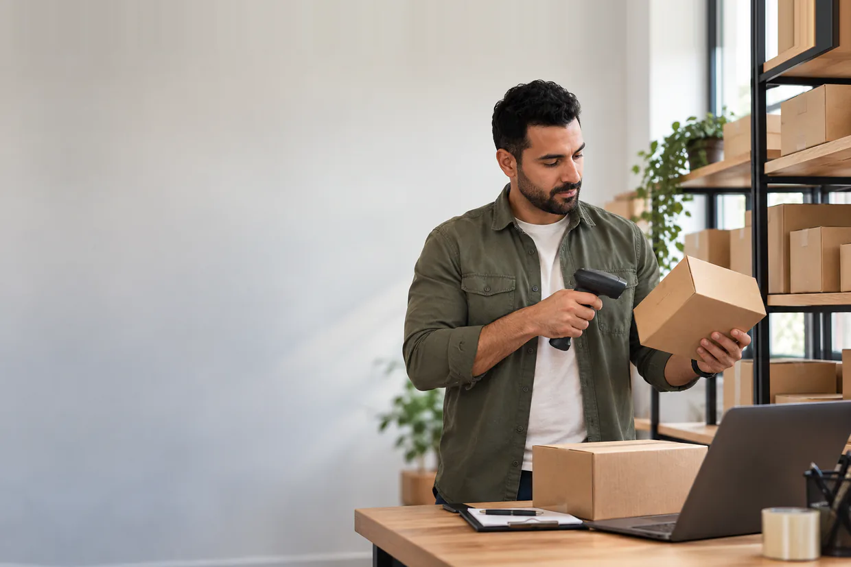 Ecommerce assistant scanning a boxed product with a handheld scanner beside stock shelves