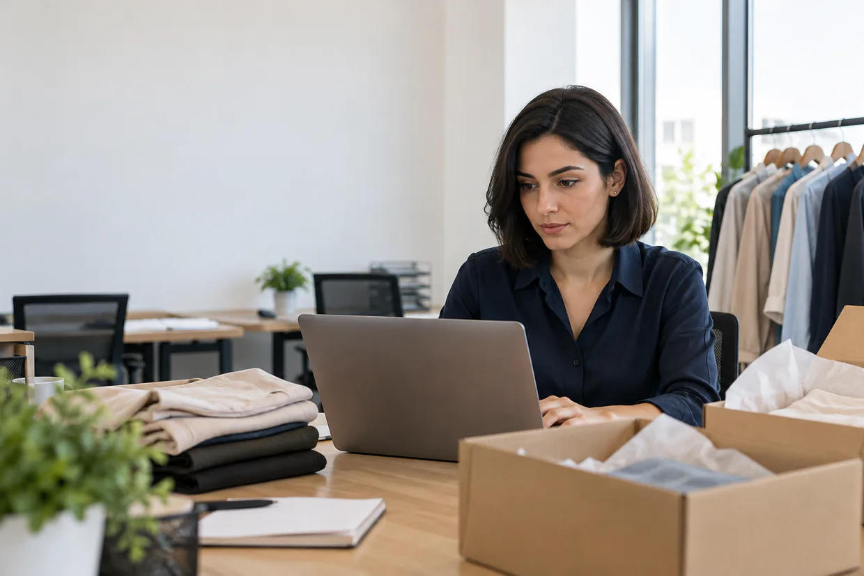 Ecommerce assistant reviewing a returns spreadsheet beside a rail of returned clothing