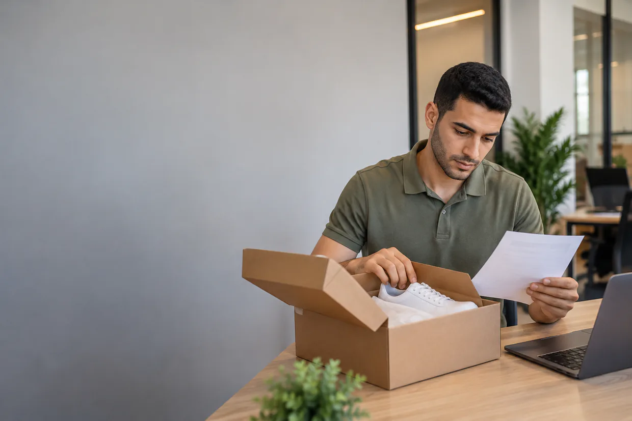 Ecommerce assistant checking a returned shoebox against a printed returns slip