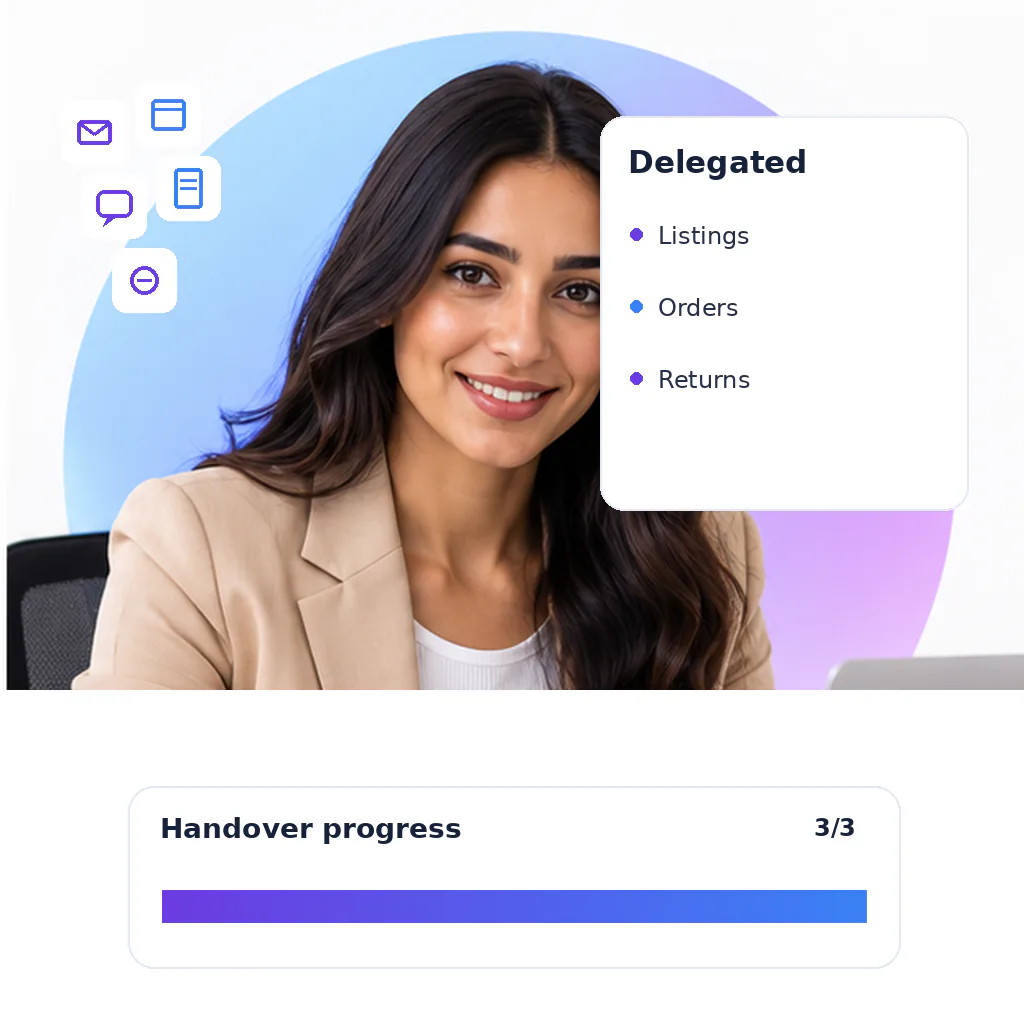 E-commerce virtual assistant with a handover progress card: listings, orders, returns