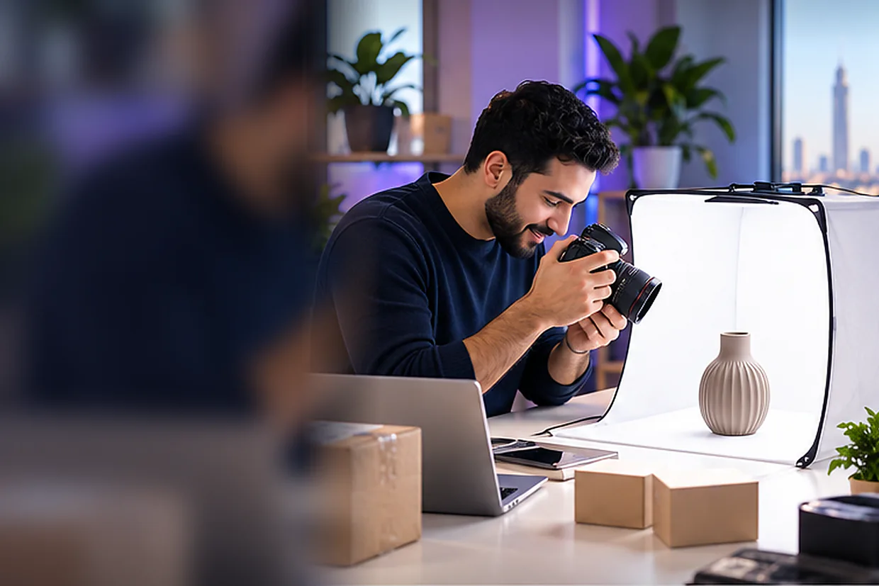E-commerce virtual assistant photographing a product for a listing