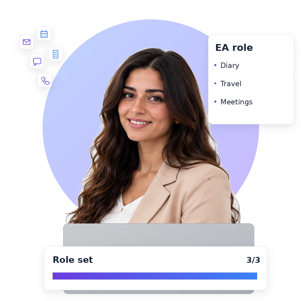 Admin virtual assistant, a smiling woman with long wavy dark hair in a beige blazer over a white top, at a laptop