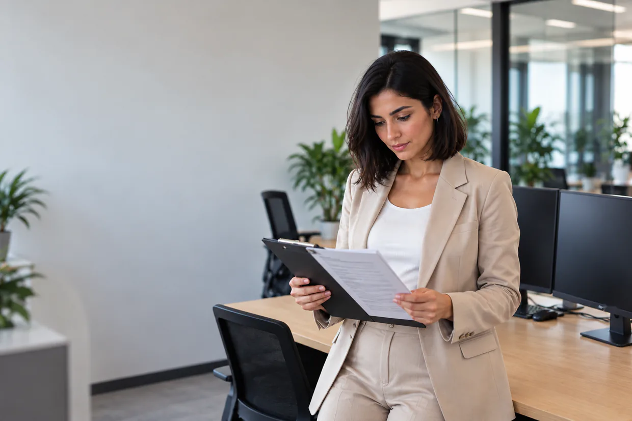 Executive assistant holding a printed job description on a clipboard beside two monitors