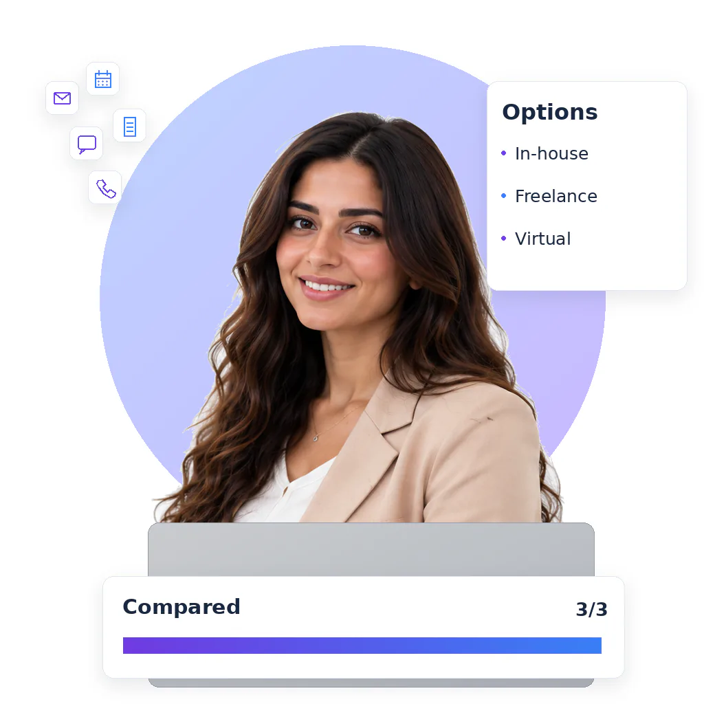 Admin virtual assistant, a smiling woman with long wavy dark hair in a beige blazer over a white top, at a laptop