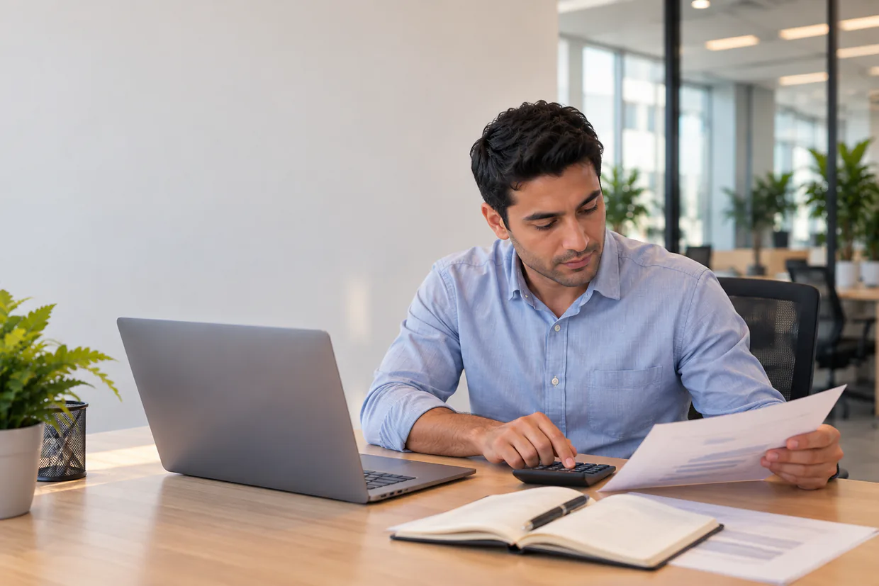 Executive assistant comparing salary options with a calculator and a simple chart on a laptop