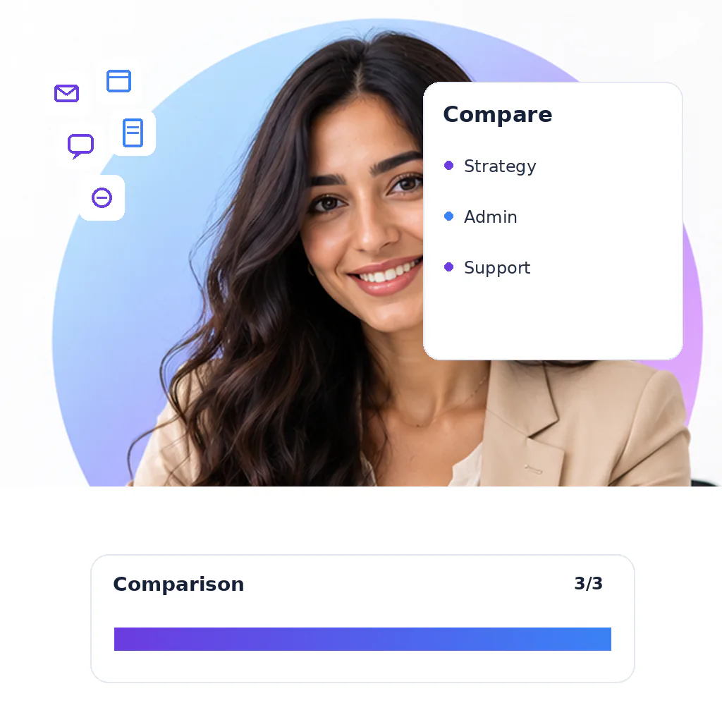 Admin virtual assistant with a comparison card: strategy, admin, support