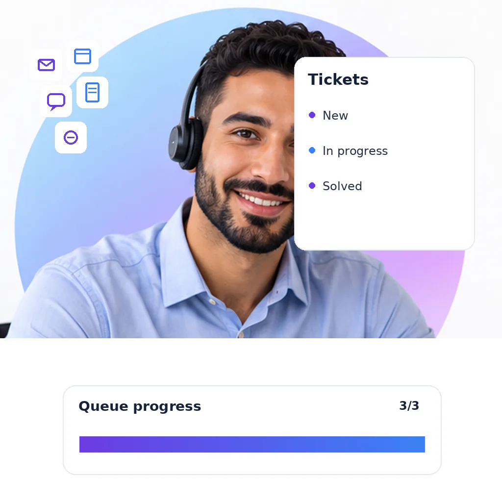 Customer service virtual assistant with a queue progress card: new, in progress, solved