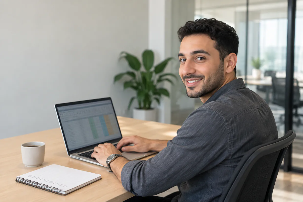 Virtual assistant tidying a spreadsheet on a laptop with a ticked checklist beside him