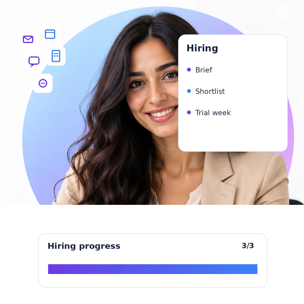 Admin virtual assistant, a smiling woman with long wavy dark hair in a beige blazer over a white top