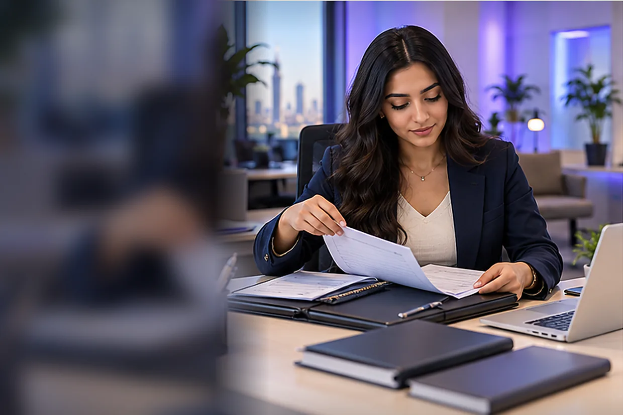 Admin virtual assistant organising files and a task checklist