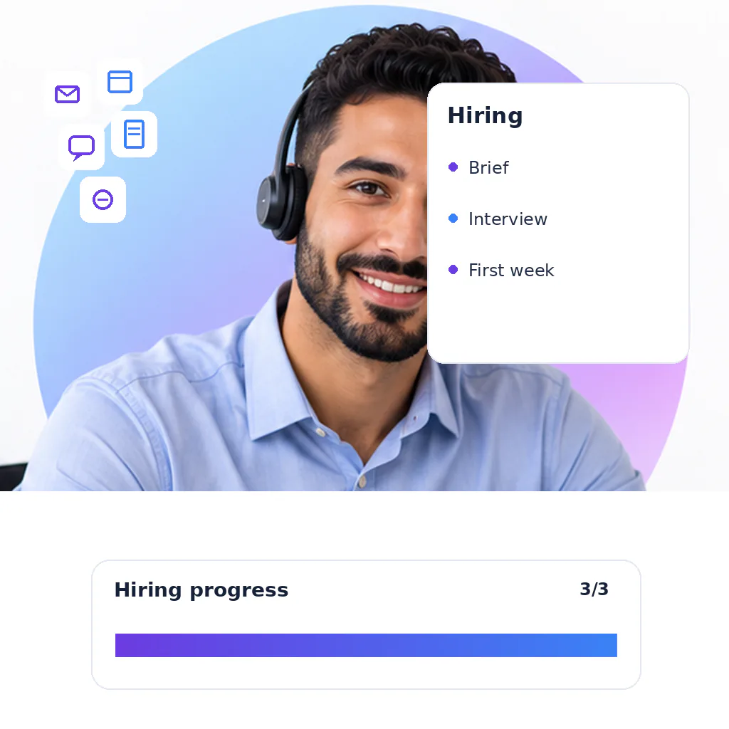 Customer service virtual assistant with a hiring progress card: brief, interview, first week