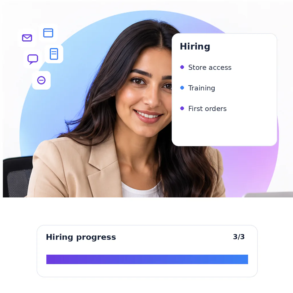 E-commerce virtual assistant, a smiling woman with long wavy dark hair in a beige blazer over a white top