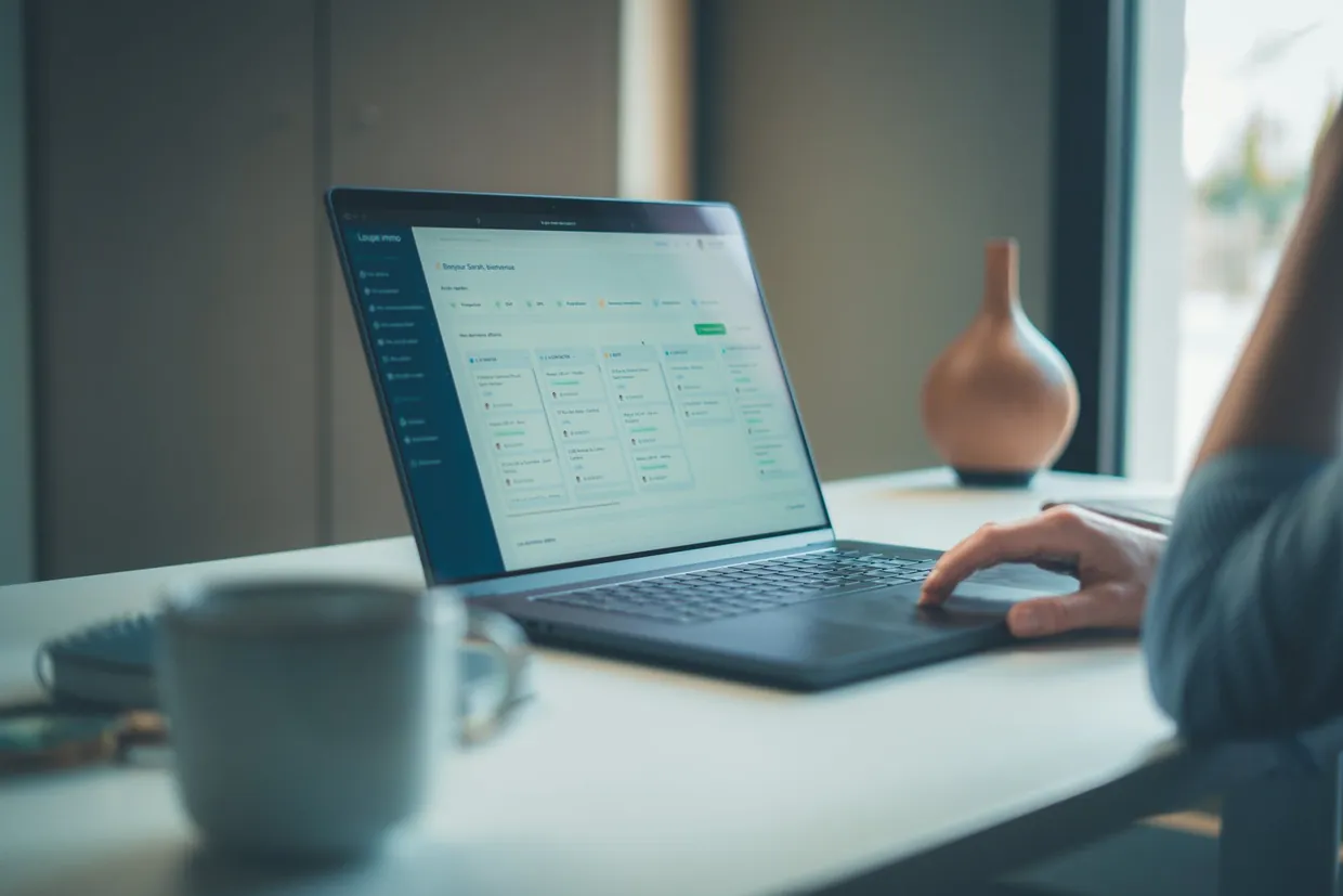 Laptop showing a sales pipeline of cards in columns while onboarding a lead generation VA