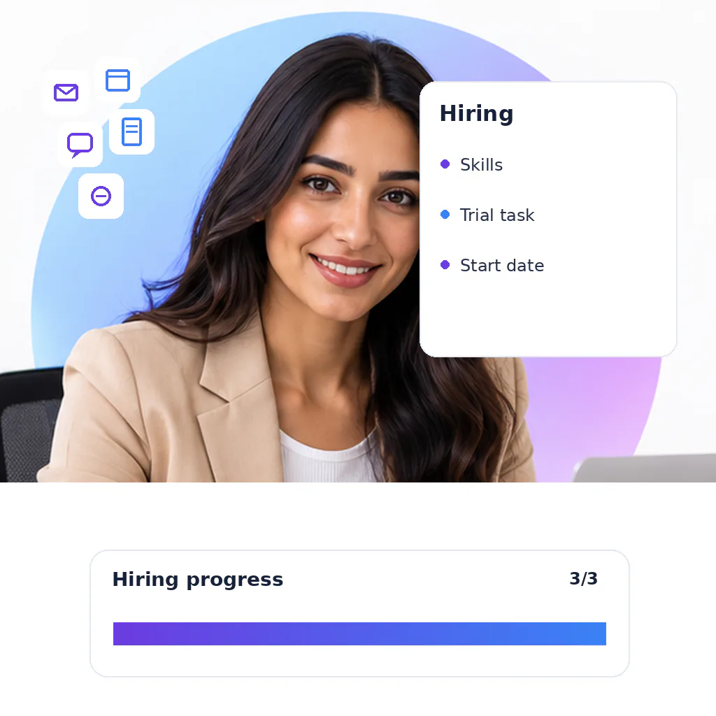 E-commerce virtual assistant, a smiling woman with long wavy dark hair in a beige blazer over a white top