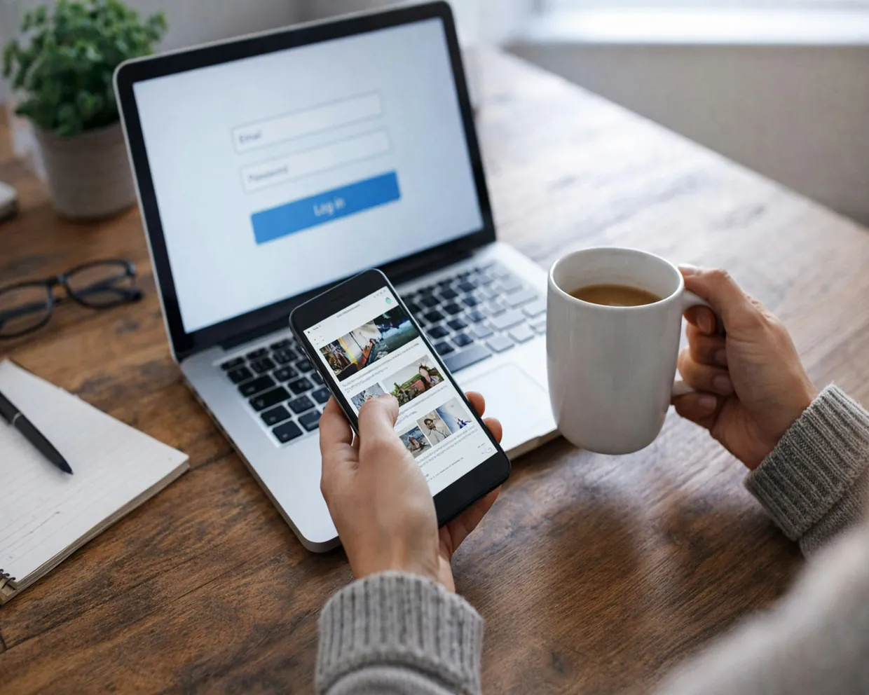 Hands holding a phone beside a laptop login screen while setting up account access for a VA