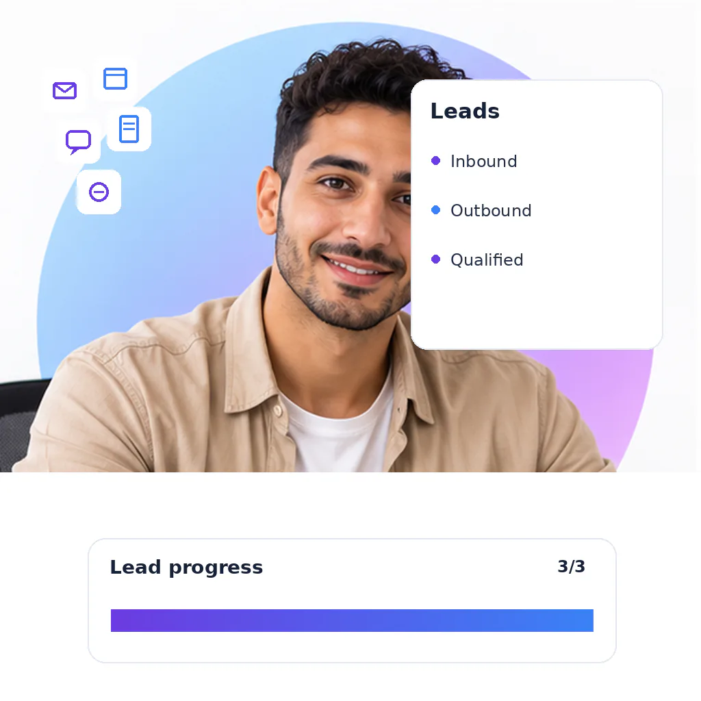 Lead generation virtual assistant, a smiling bearded man with short dark hair, beige overshirt and white tee
