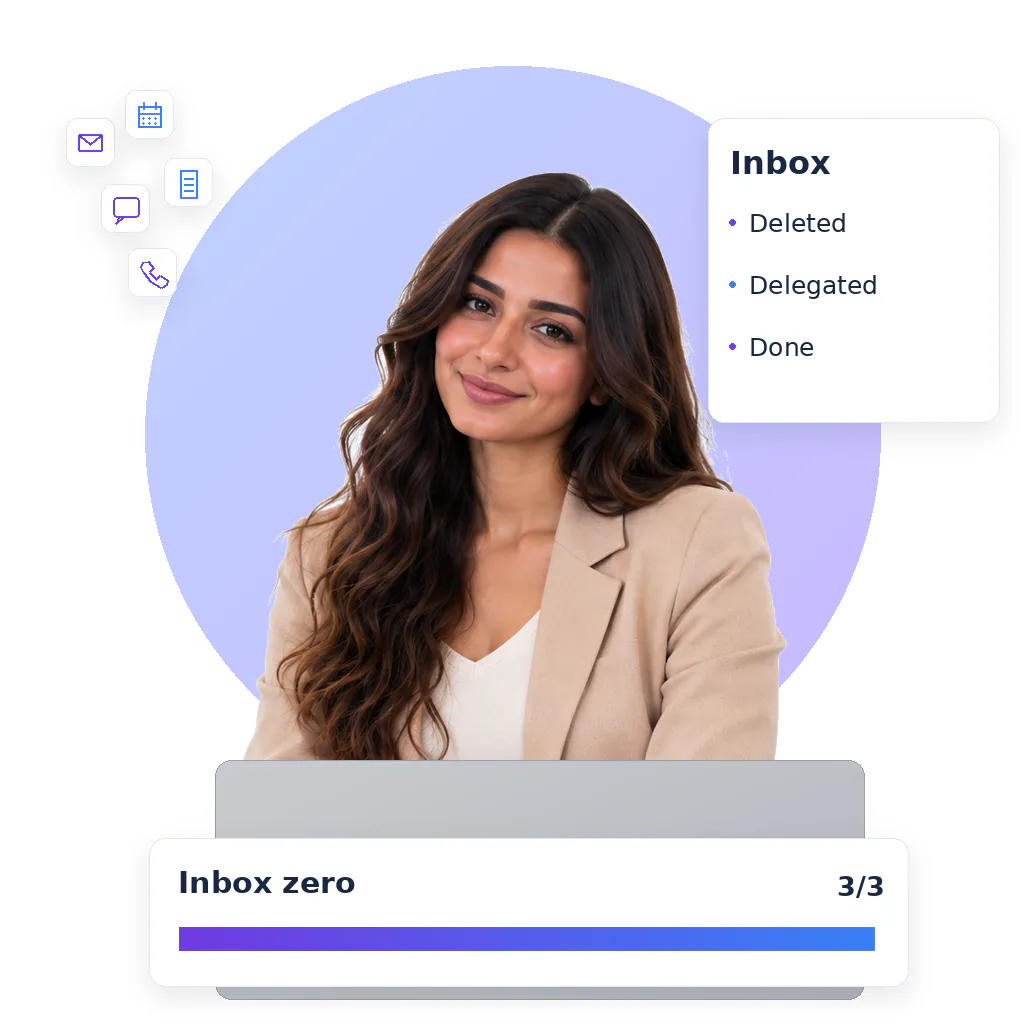 Admin virtual assistant, a smiling woman with long wavy dark hair in a beige blazer over a white top, at a laptop