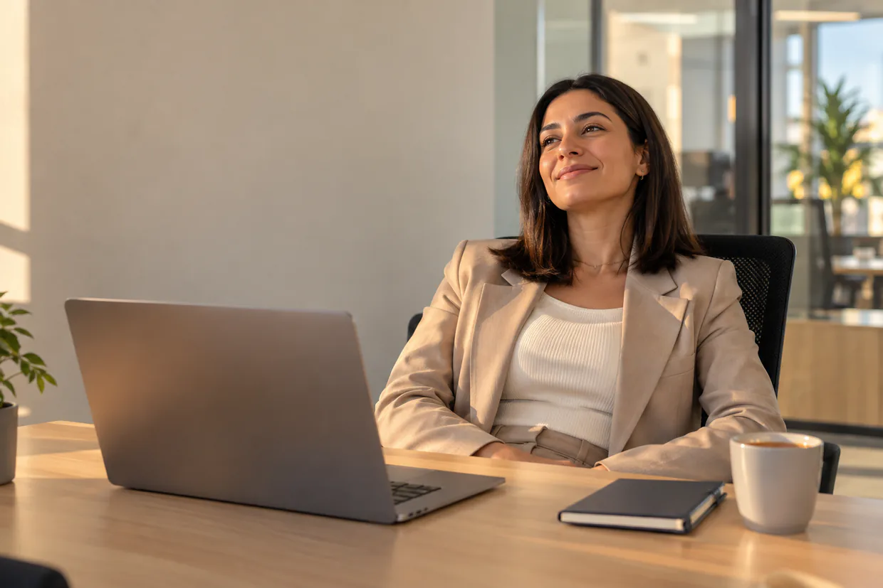 Virtual assistant relaxing at a tidy desk at the end of the day after clearing an inbox