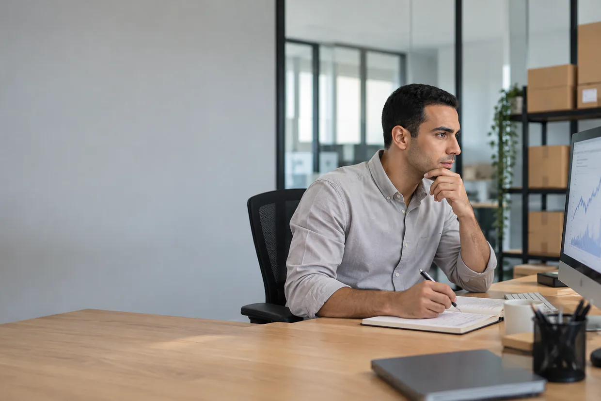 Ecommerce assistant reviewing a sales trend chart on a monitor to plan stock orders